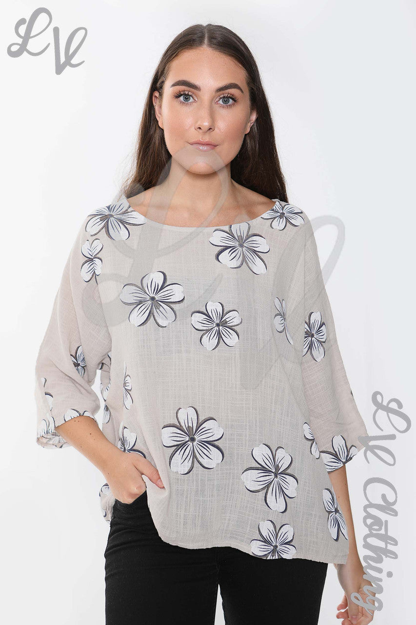 Ladies Daisy Print Top Stone - Unit Price £9.99