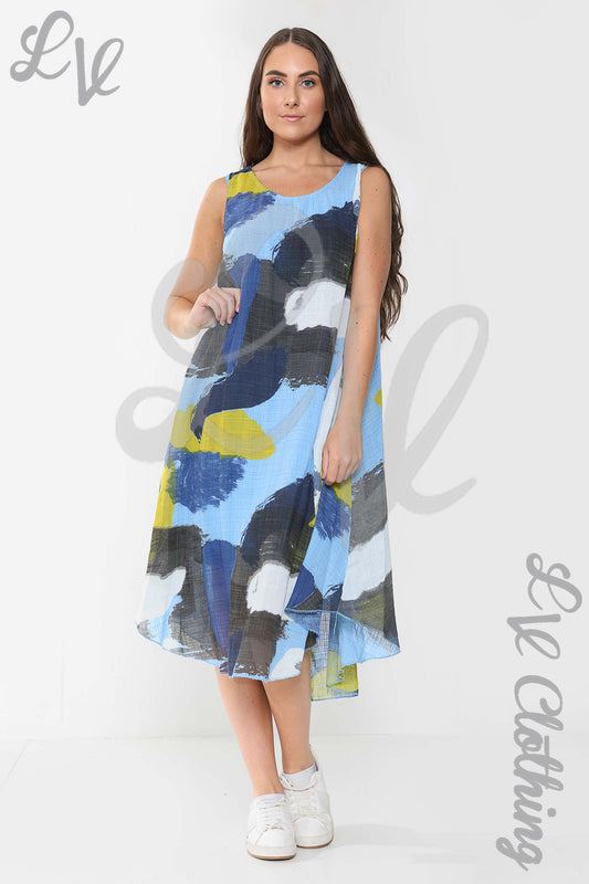 Sleeveless denim midi dress in blue with abstract paint splash print