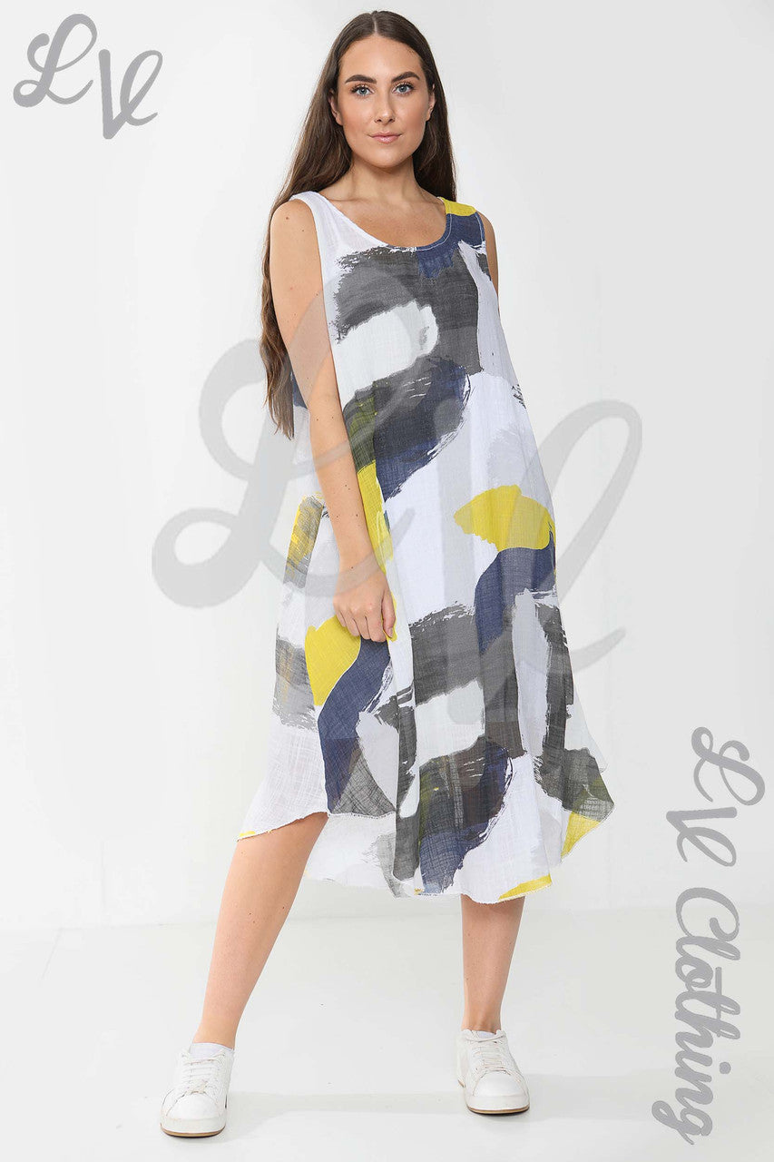 Ladies Abstract Paint Splash Print Sleeveless Dress White - Unit Price £15.99