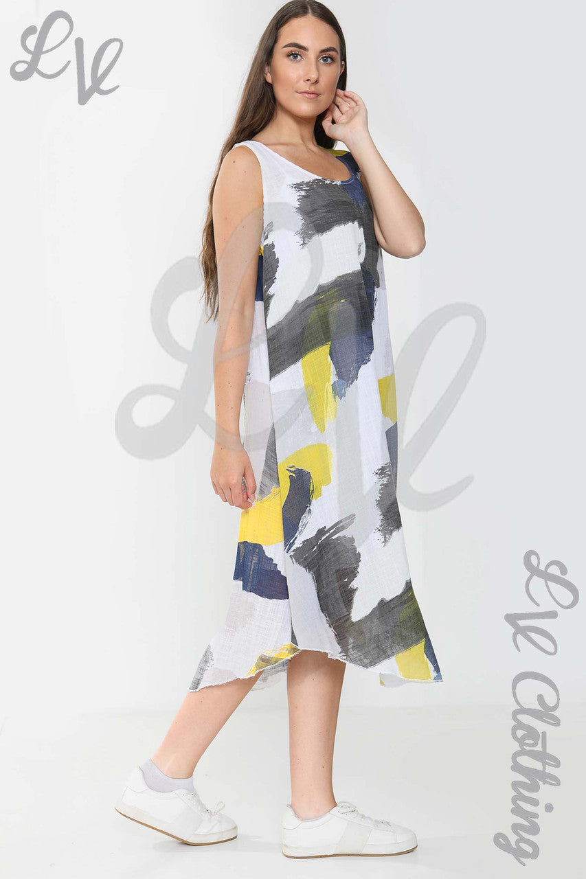 Ladies Abstract Paint Splash Print Sleeveless Dress White - Unit Price £15.99