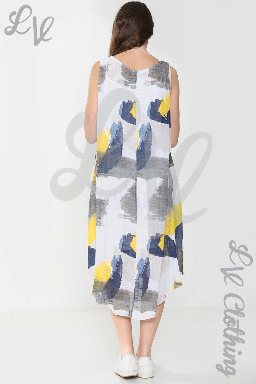 Ladies Abstract Paint Splash Print Sleeveless Dress White - Unit Price £15.99