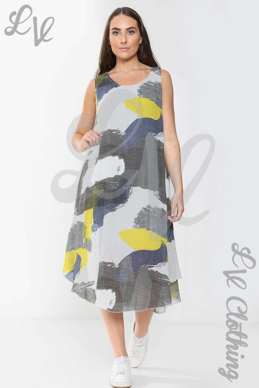 Sleeveless abstract paint splash dress in gray with yellow and white