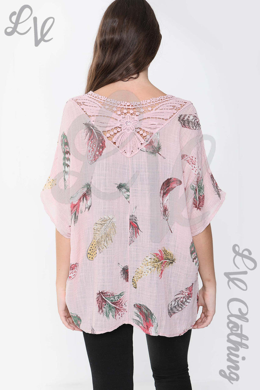 Ladies Feather Print Top With Crochet Lace Back Detail Dusty Pink - Unit Price £9.99