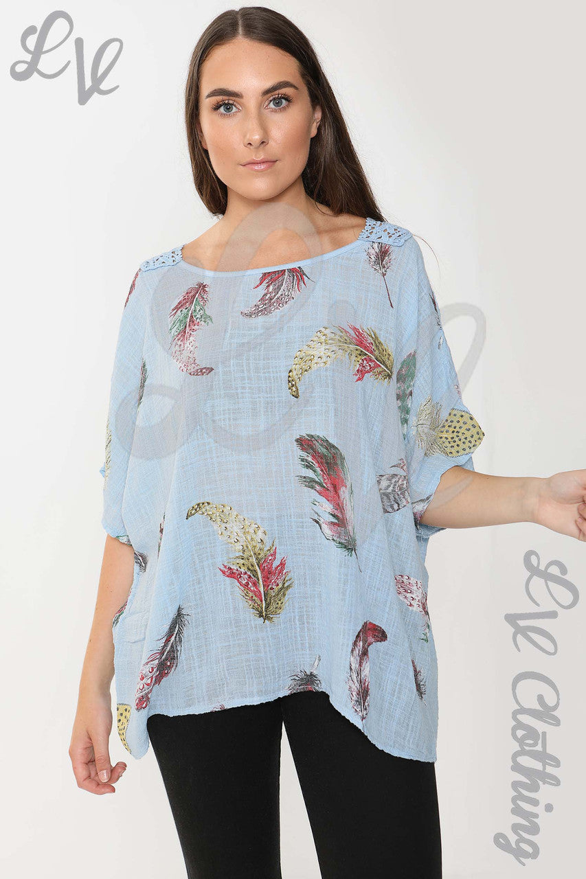 Ladies Feather Print Top With Crochet Lace Back Detail Light Blue - Unit Price £9.99