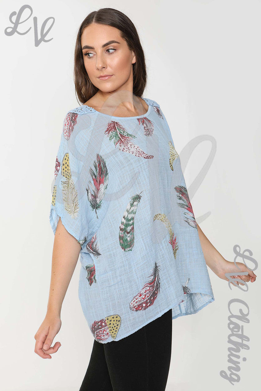 Ladies Feather Print Top With Crochet Lace Back Detail Light Blue - Unit Price £9.99