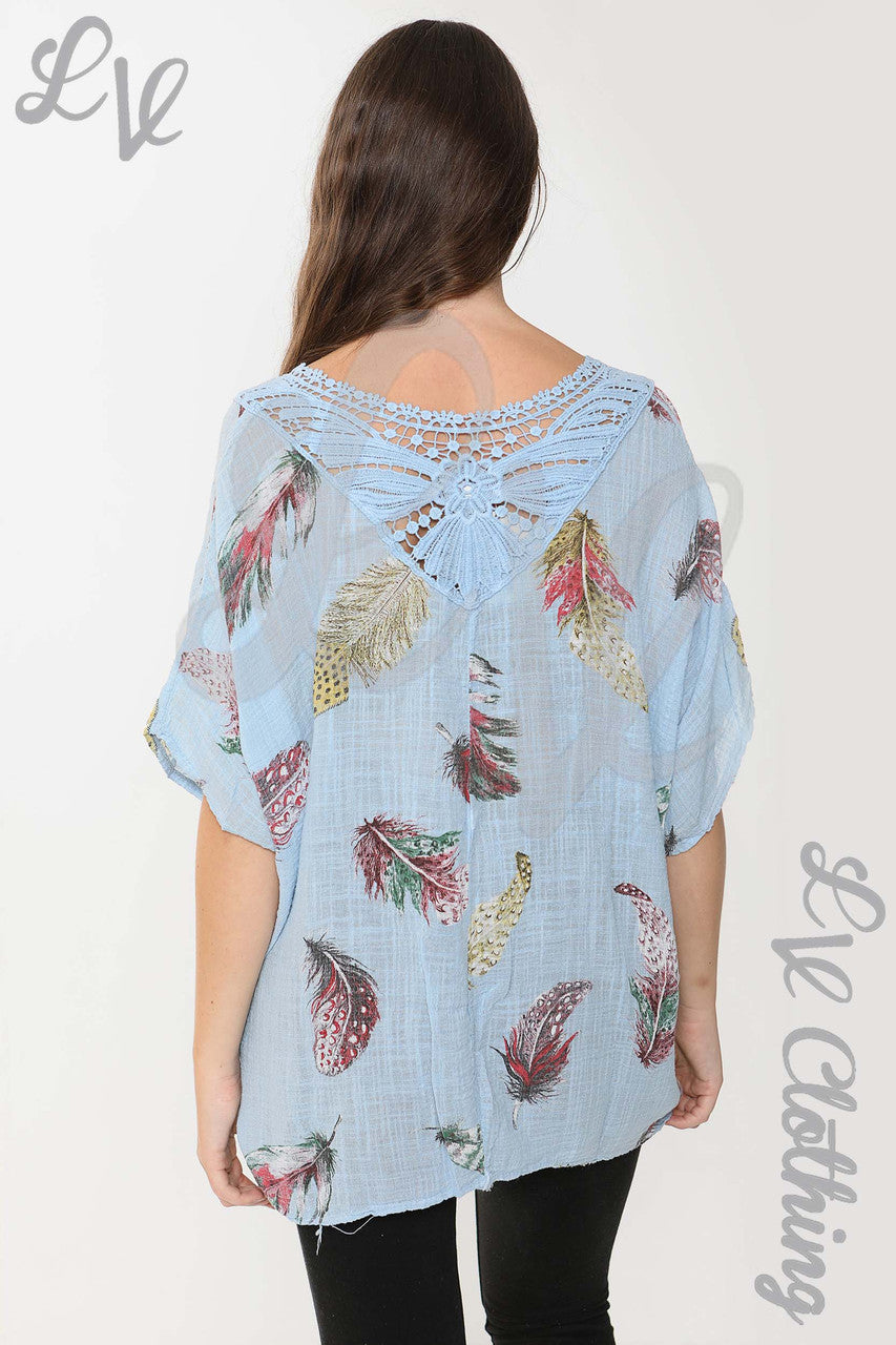 Ladies Feather Print Top With Crochet Lace Back Detail Light Blue - Unit Price £9.99