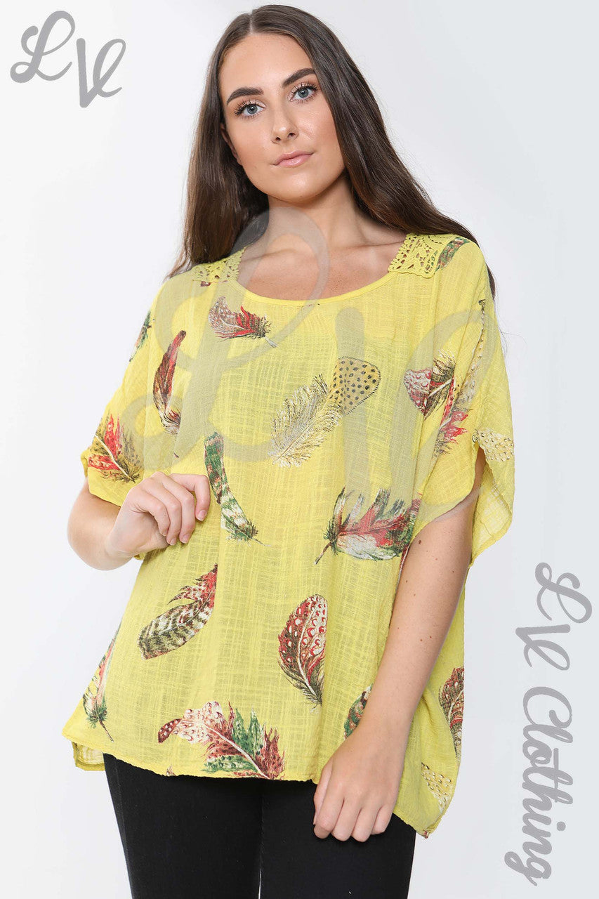 Ladies Feather Print Top With Crochet Lace Back Detail Mustard - Unit Price £9.99