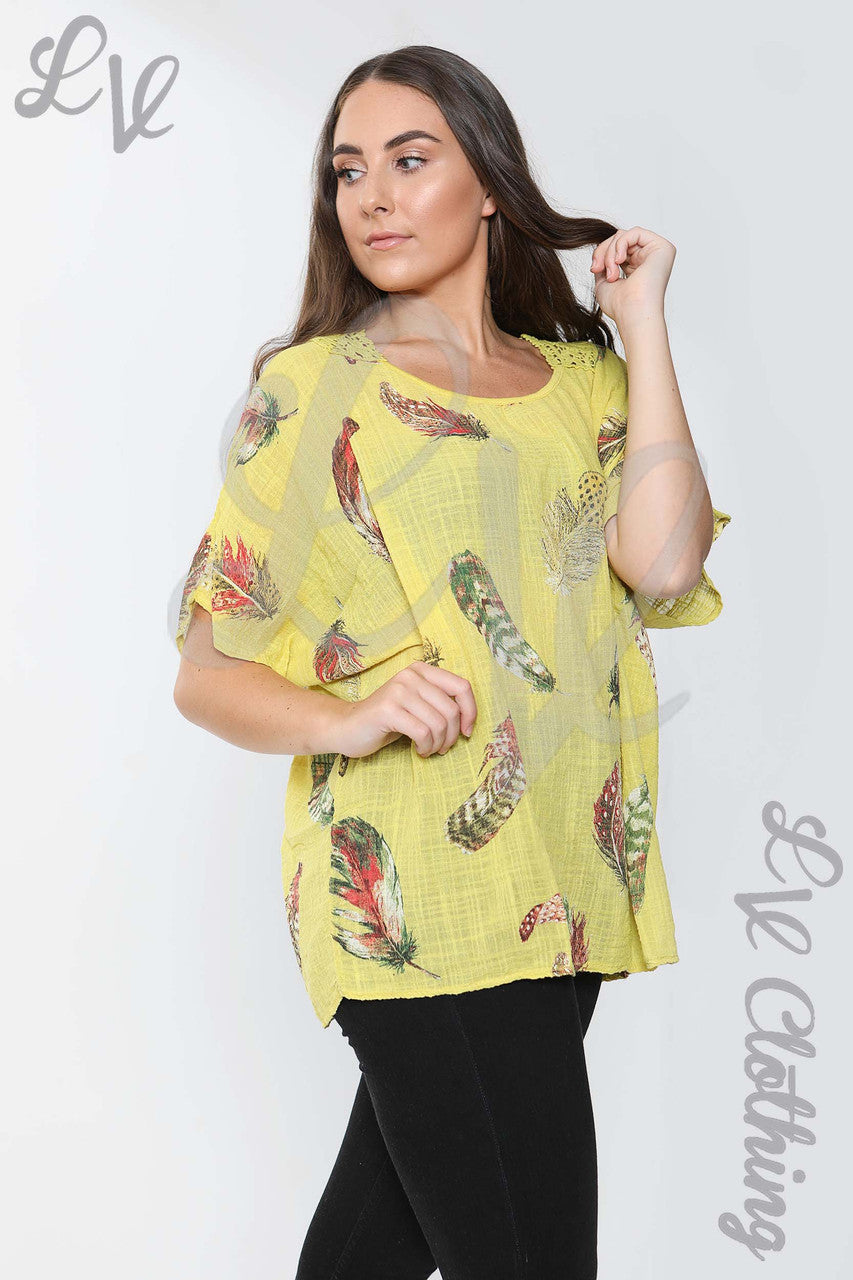 Ladies Feather Print Top With Crochet Lace Back Detail Mustard - Unit Price £9.99