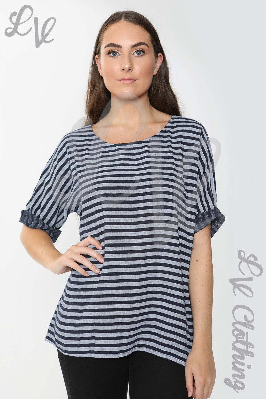 Ladies Small Stripe Top Navy - Unit Price £9.99