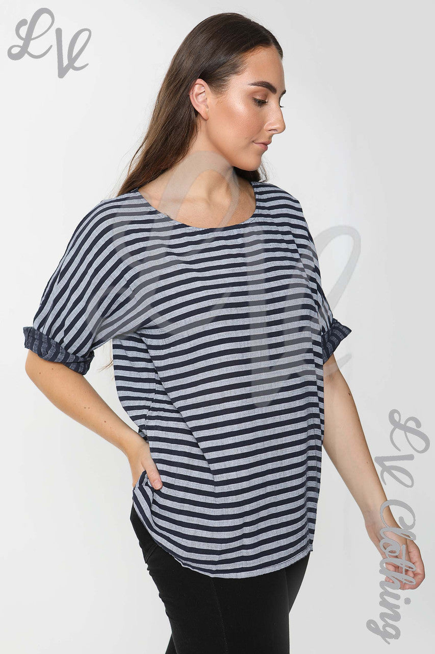 Ladies Small Stripe Top Navy - Unit Price £9.99