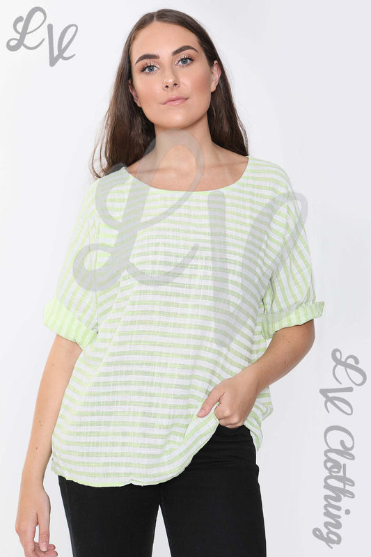 Chartreuse striped ladies top, relaxed fit, wide neckline, short sleeves