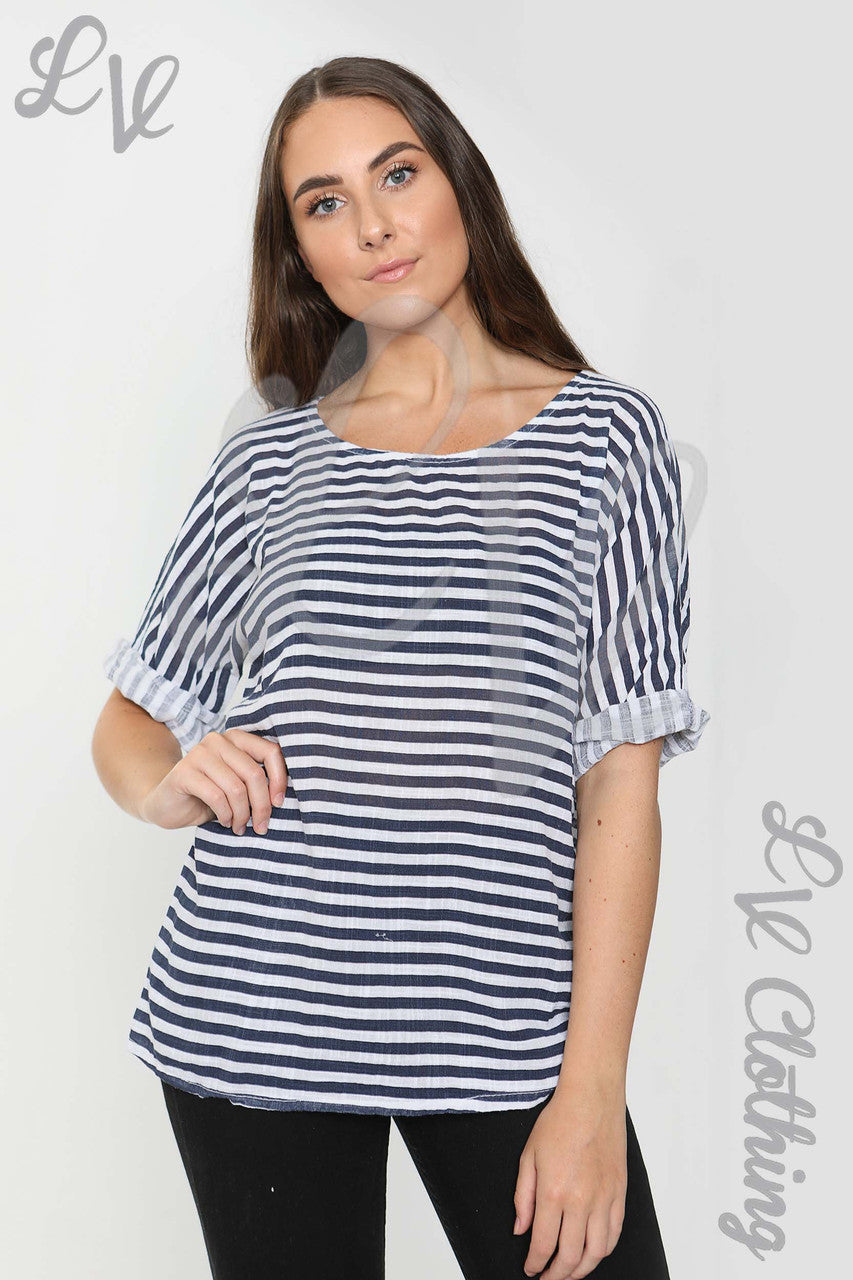 Dames Top met Smalle Streep Wit/Marine - Prijs per stuk € 9,99