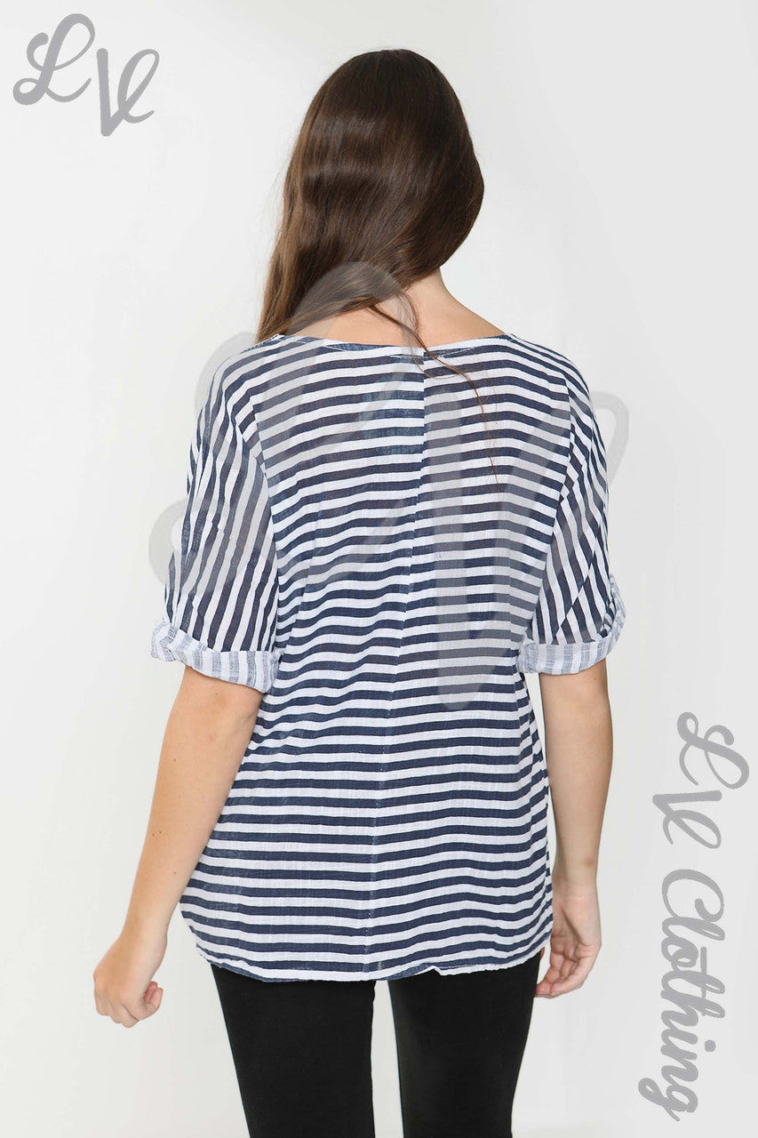 Dames Top met Smalle Streep Wit/Marine - Prijs per stuk € 9,99