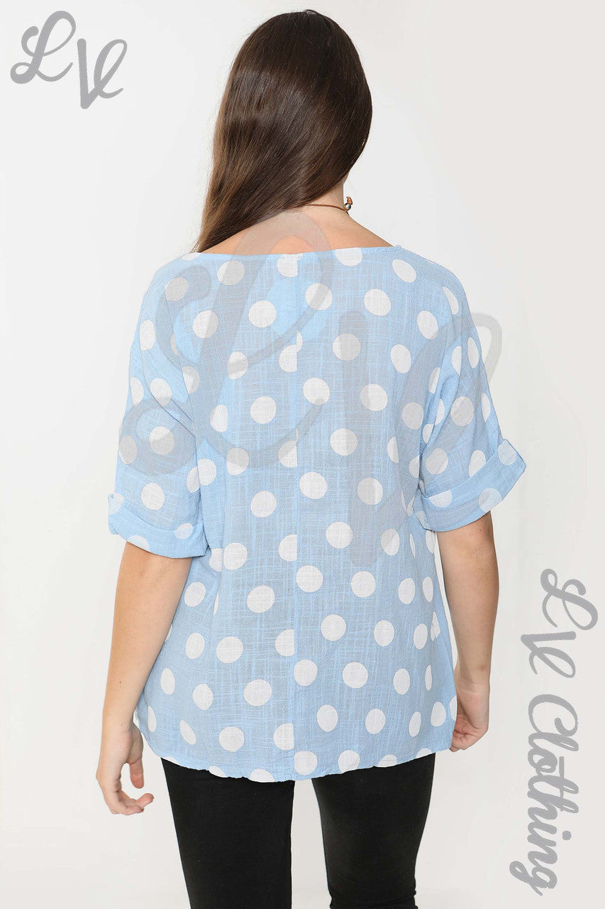 Ladies Spotty Print Top Light Blue - Unit Price £9.99