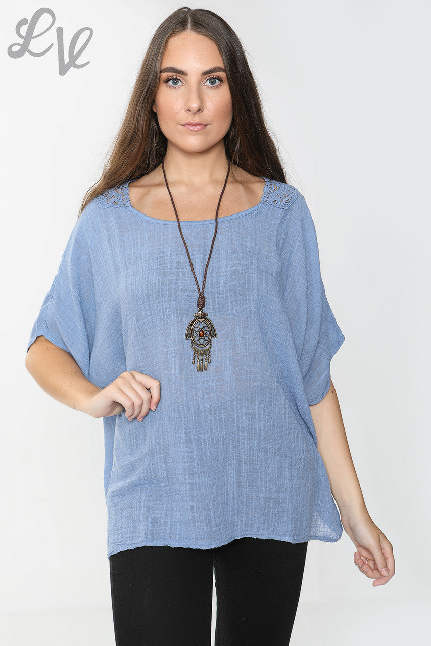 Ladies Crochet Back Top Denim