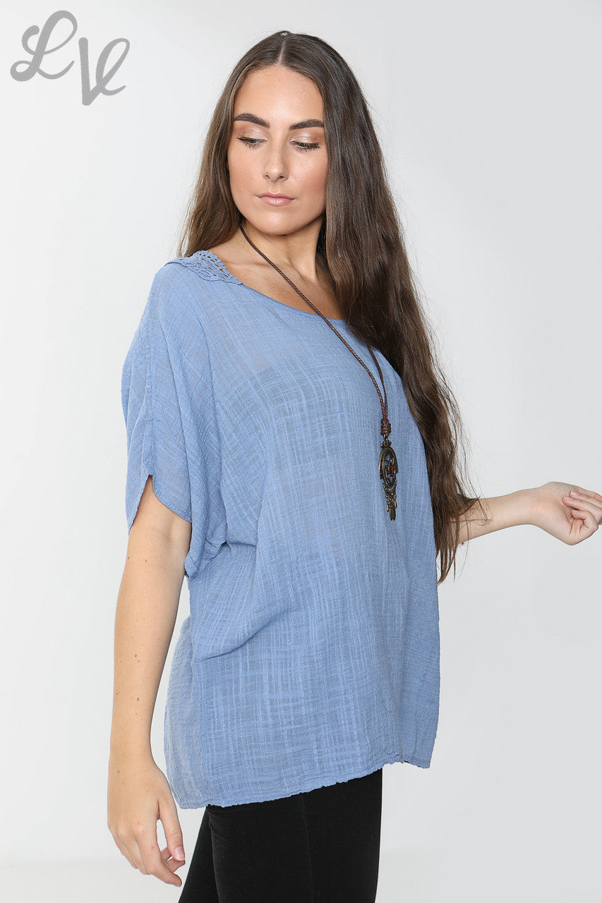 Ladies Crochet Back Top Denim