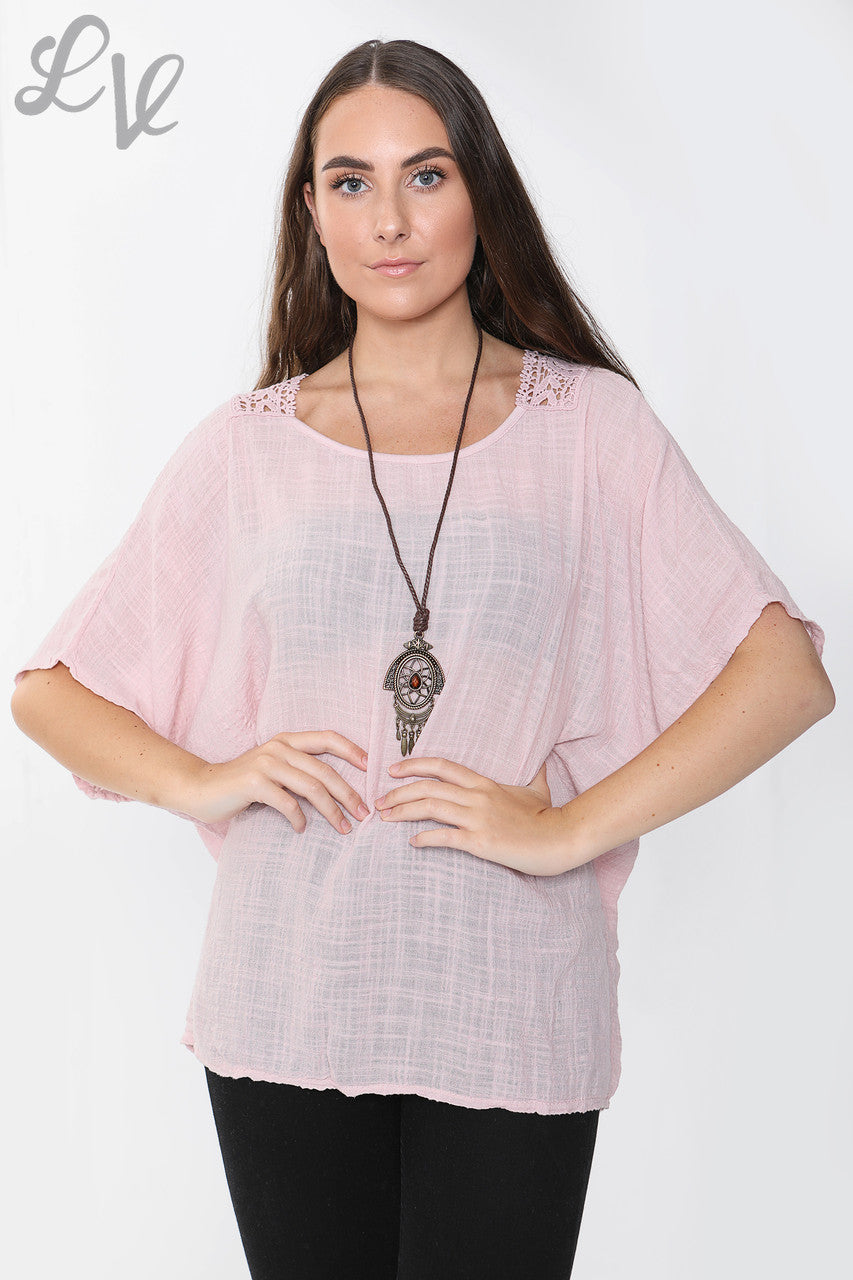Ladies Crochet Back Top Dusty Pink