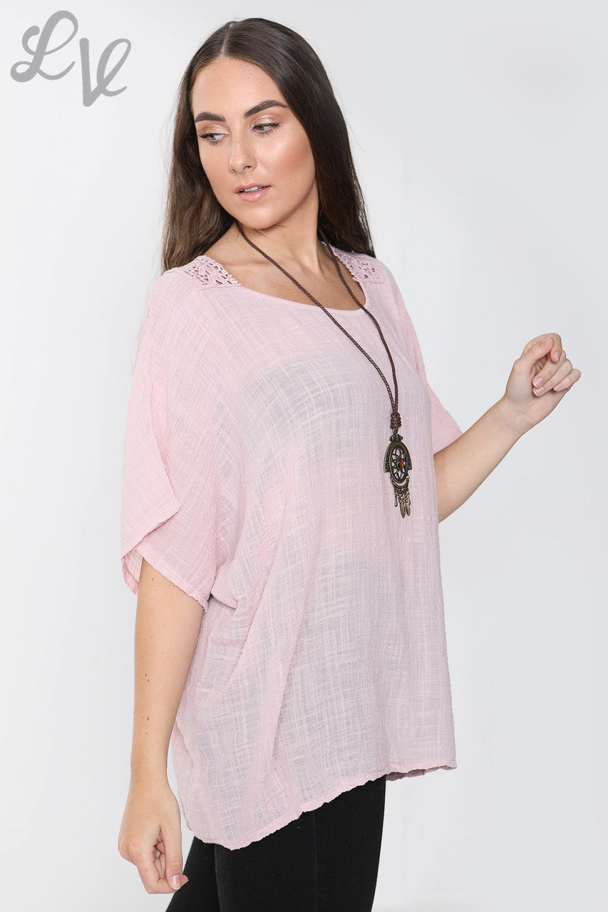 Ladies Crochet Back Top Dusty Pink