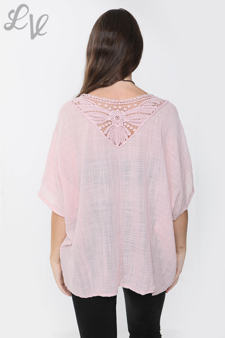 Ladies Crochet Back Top Dusty Pink