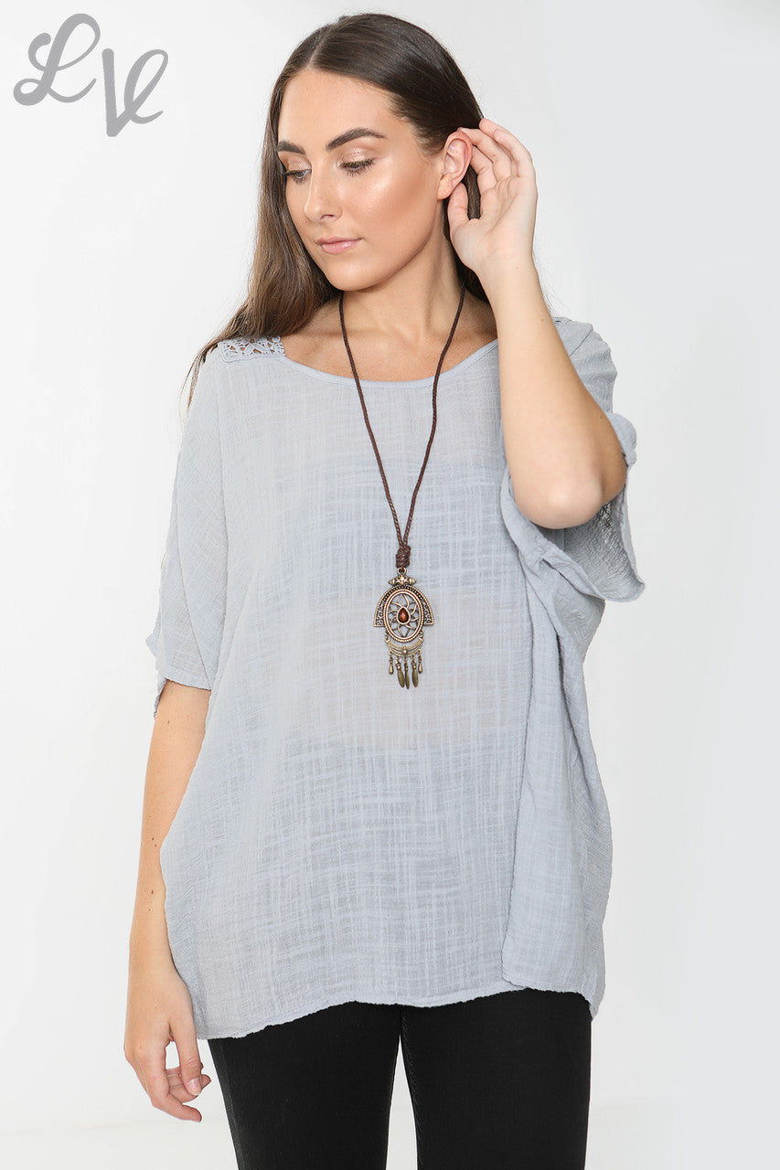 Ladies Crochet Back Top Grey
