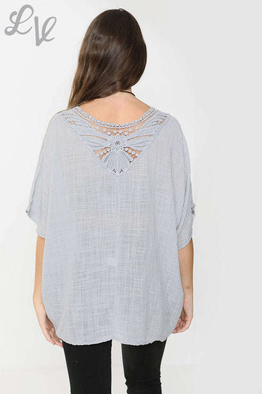 Ladies Crochet Back Top Grey