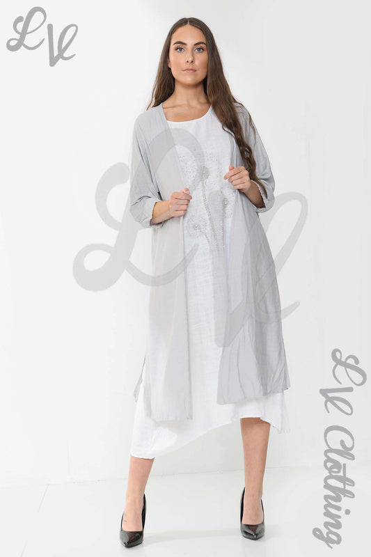 Light grey sleeveless dress under sheer long cardigan, midi length, scoop neck