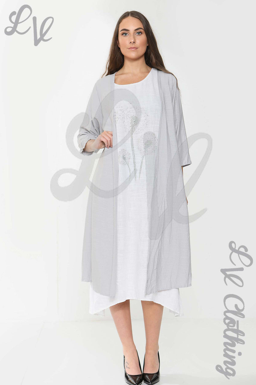 Ladies Floral Graphic Sleeveless Dress & Cardigan 2 Piece Set Silver Grey - Unit Price £17.99