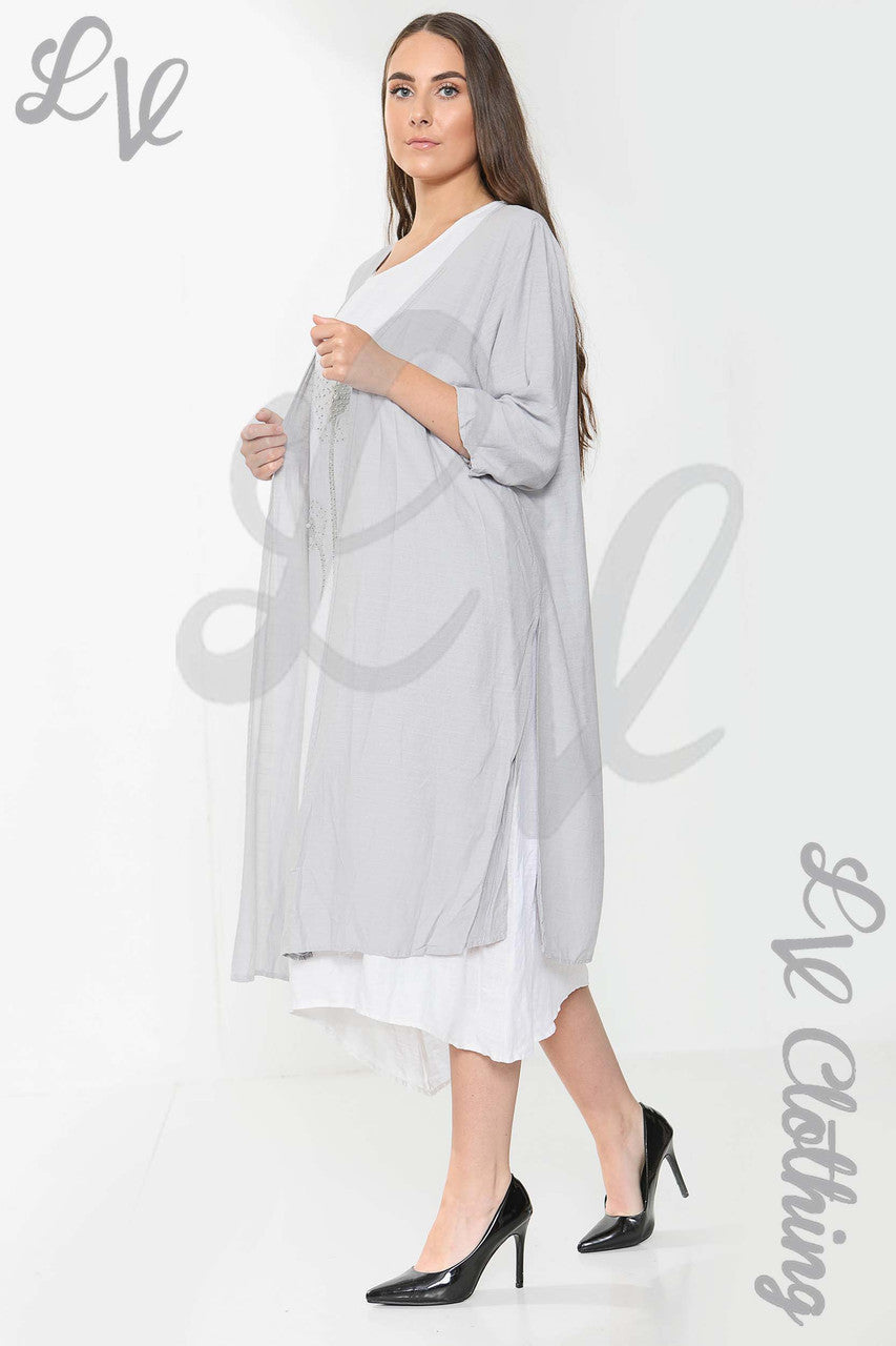 Ladies Floral Graphic Sleeveless Dress & Cardigan 2 Piece Set Silver Grey - Unit Price £17.99
