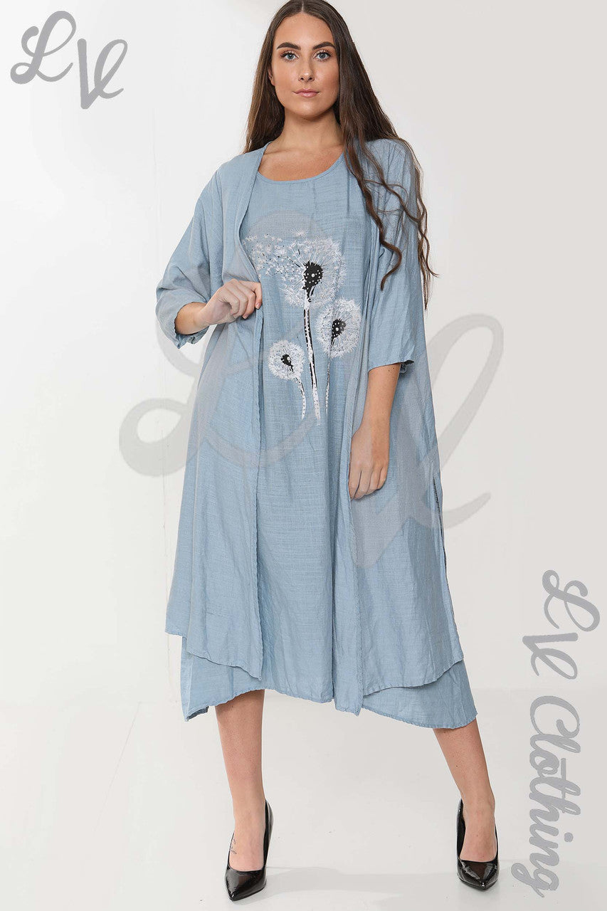 Ladies Floral Graphic Sleeveless Dress & Cardigan 2 Piece Set Denim - Unit Price £17.99