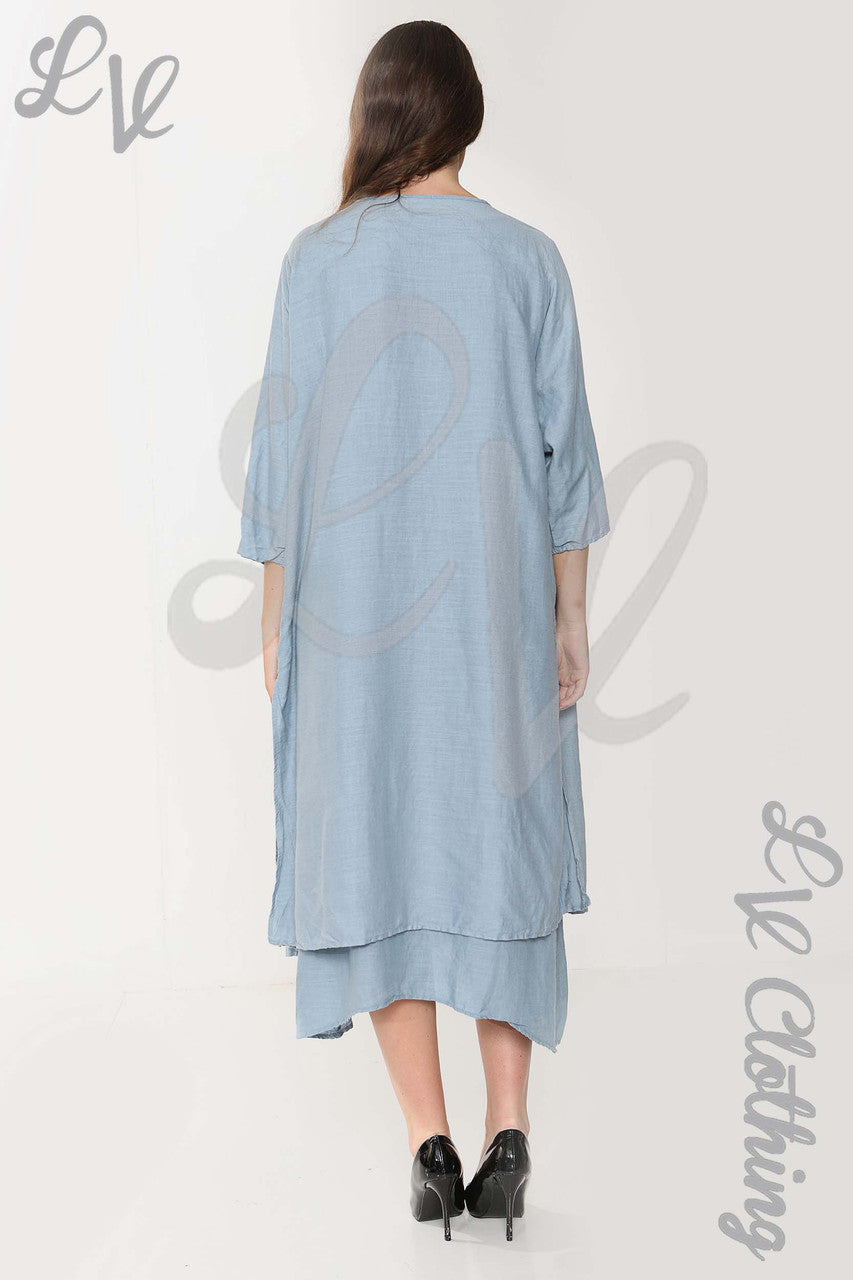 Ladies Floral Graphic Sleeveless Dress & Cardigan 2 Piece Set Denim - Unit Price £17.99