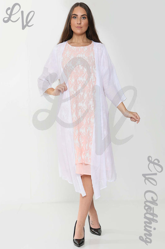 Dusty pink abstract sleeveless dress with white sheer open cardigan