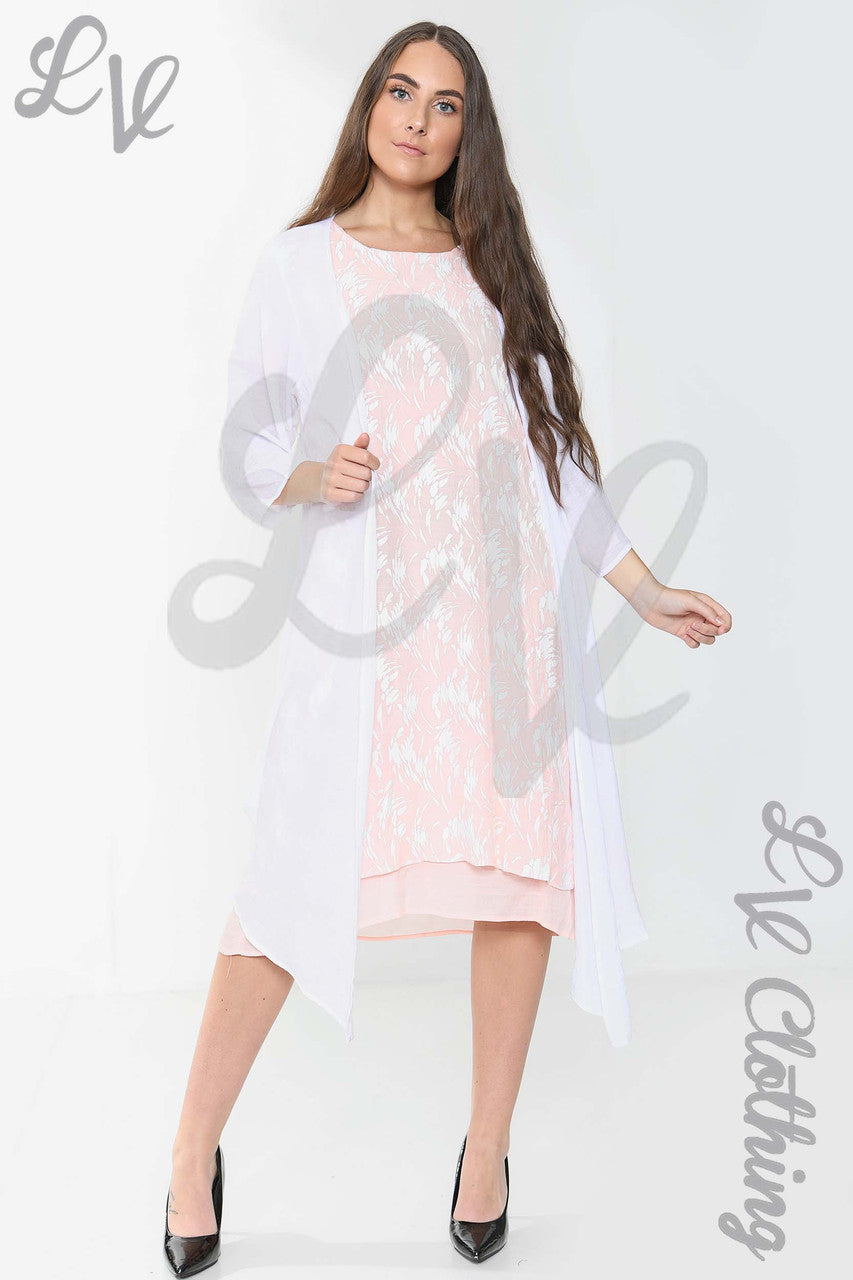 Ladies Abstract Printed Sleeveless Dress & Cardigan 2 Piece Set Dusty Pink - Unit Price £16.99