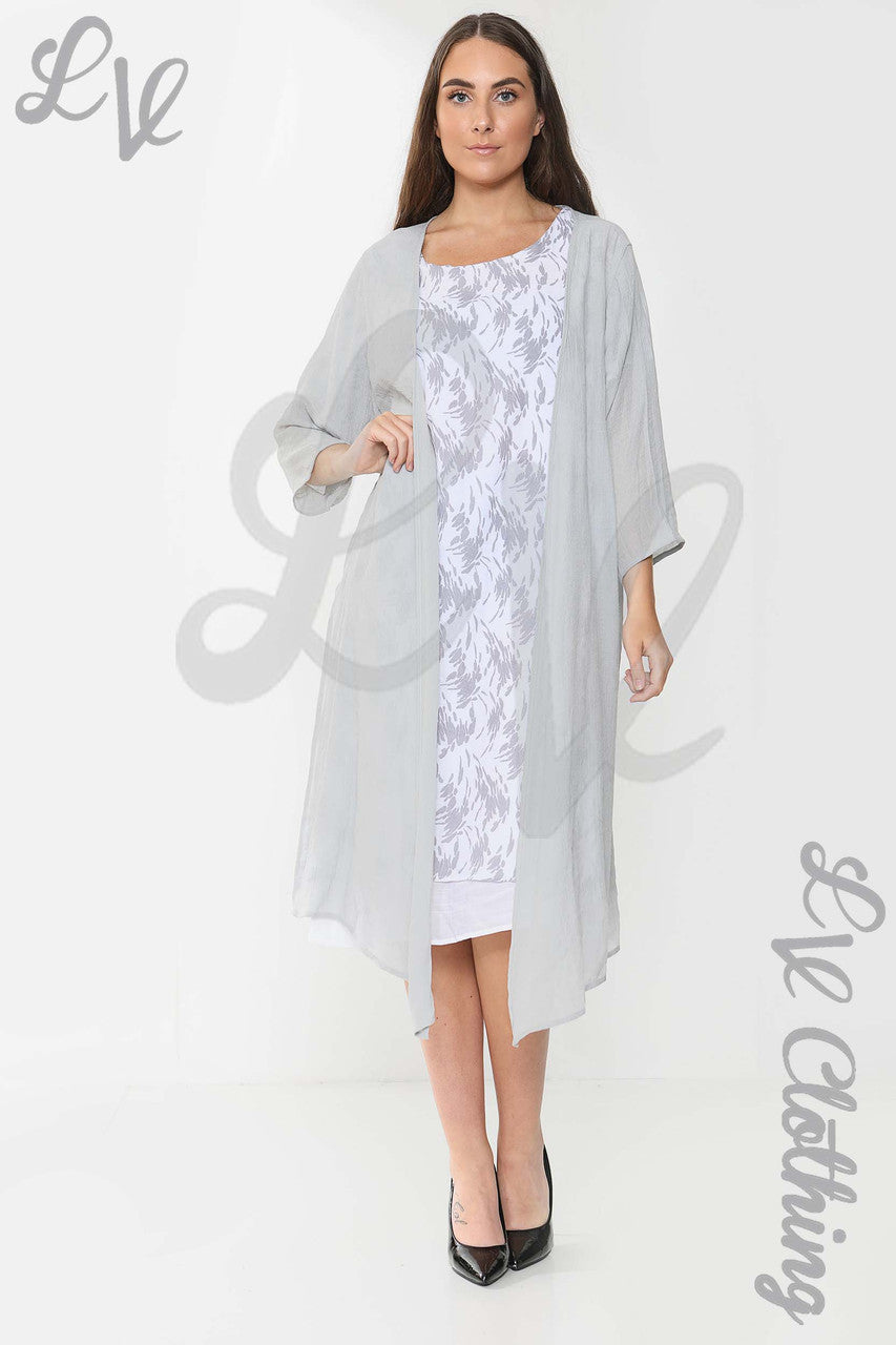 Ladies Abstract Printed Sleeveless Dress & Cardigan 2 Piece Set Grey - Unit Price £16.99