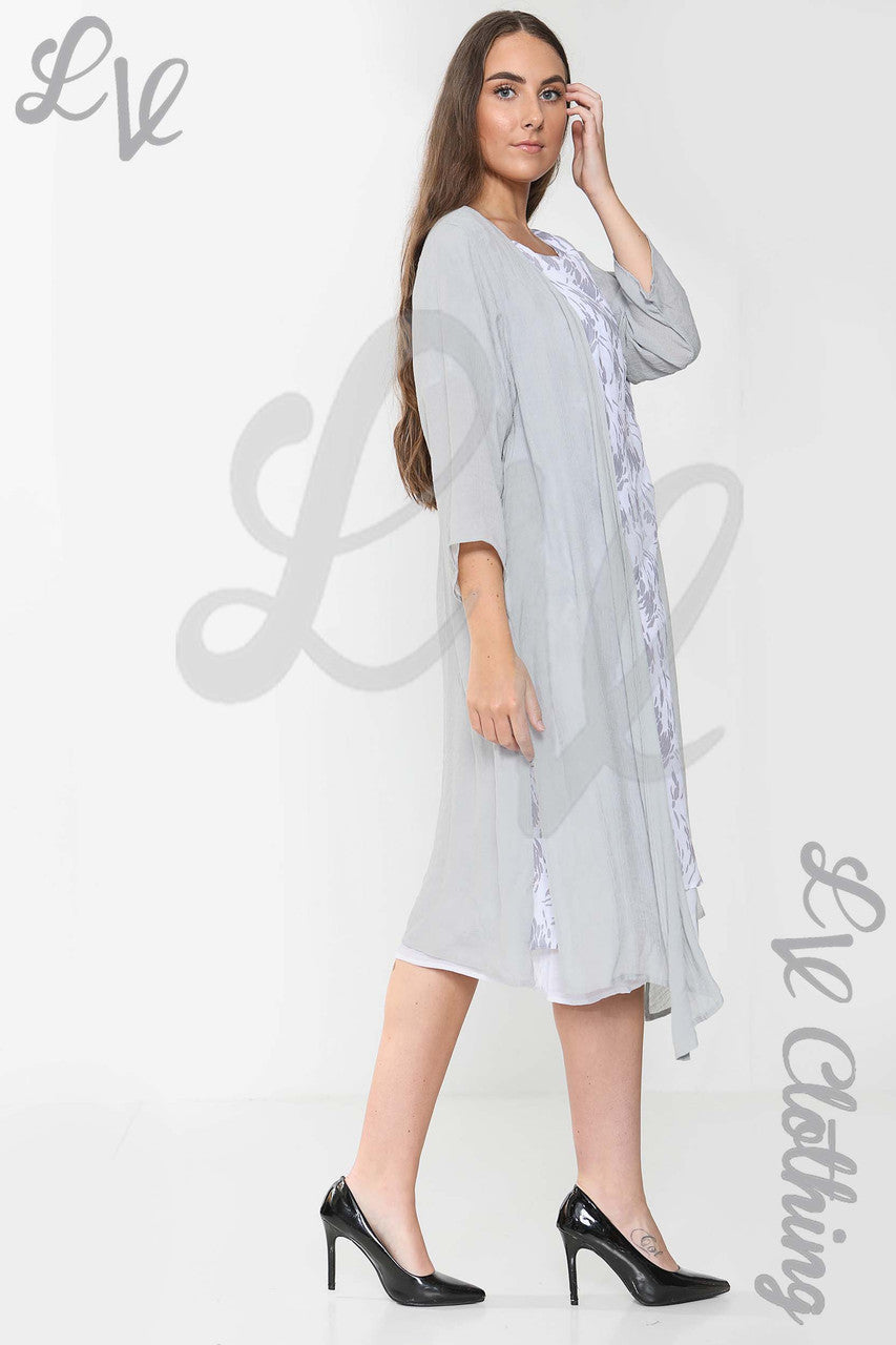 Ladies Abstract Printed Sleeveless Dress & Cardigan 2 Piece Set Grey - Unit Price £16.99