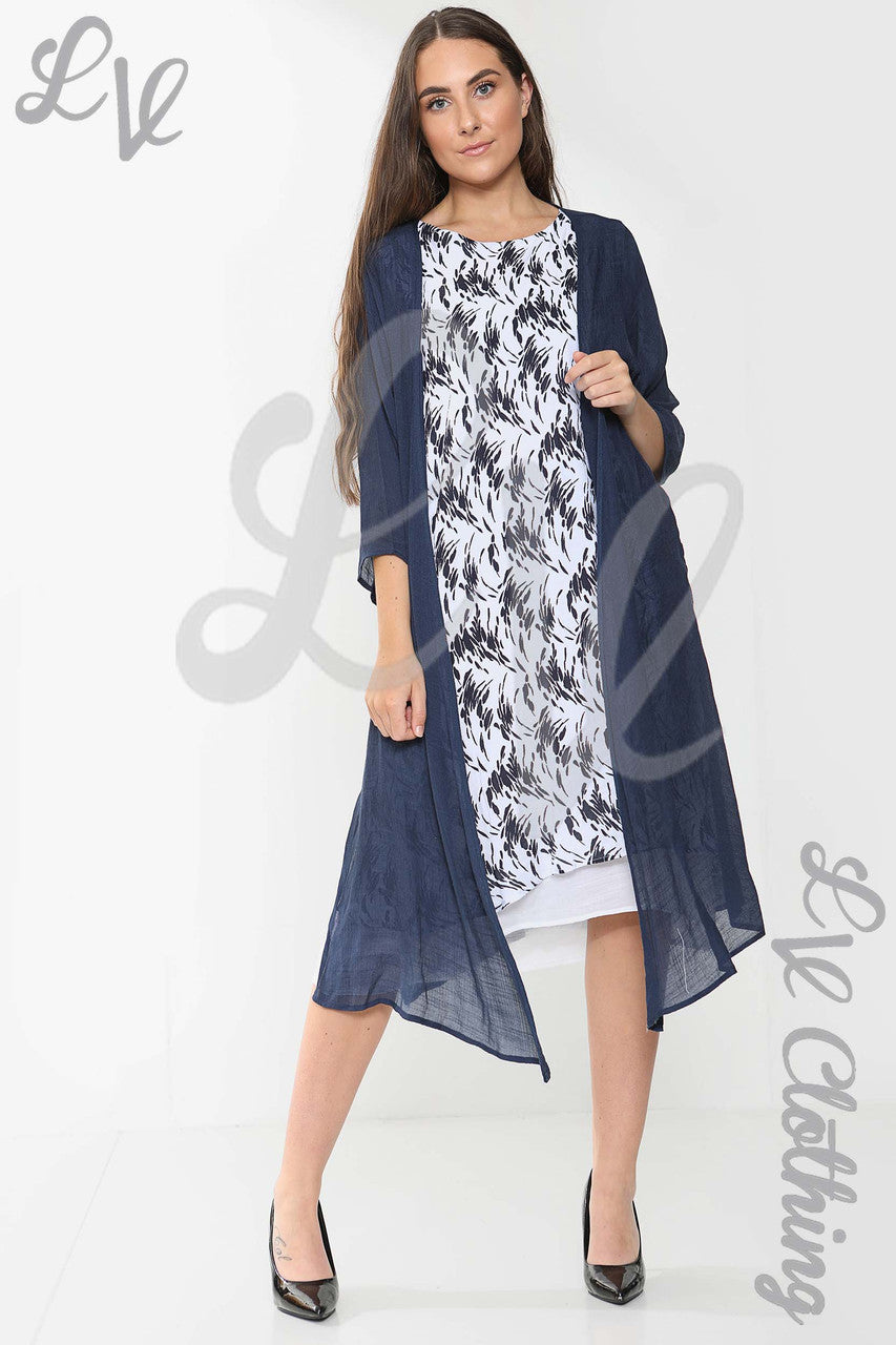 Ladies Abstract Printed Sleeveless Dress & Cardigan 2 Piece Set Navy - Unit Price £16.99