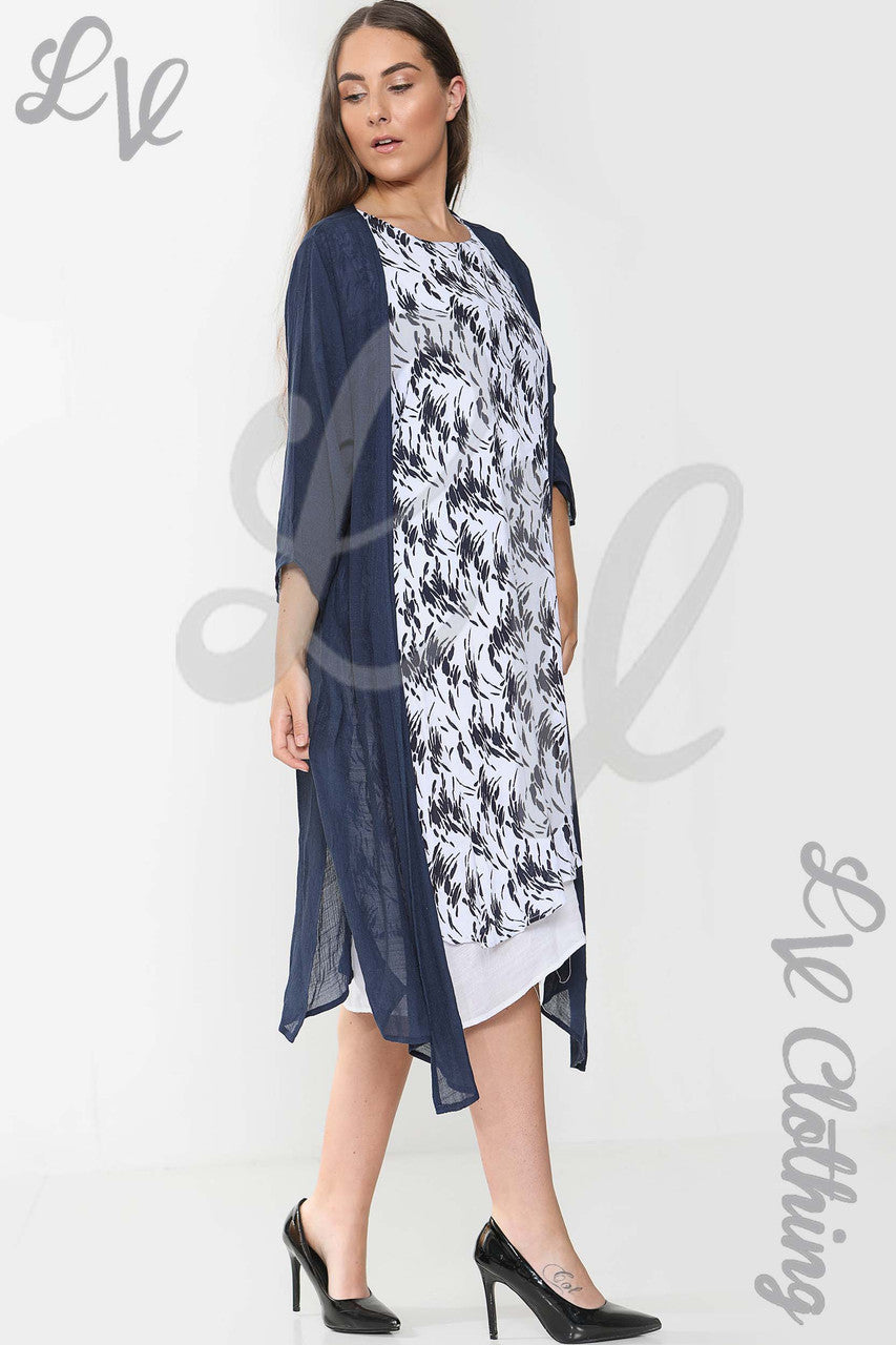 Ladies Abstract Printed Sleeveless Dress & Cardigan 2 Piece Set Navy - Unit Price £16.99