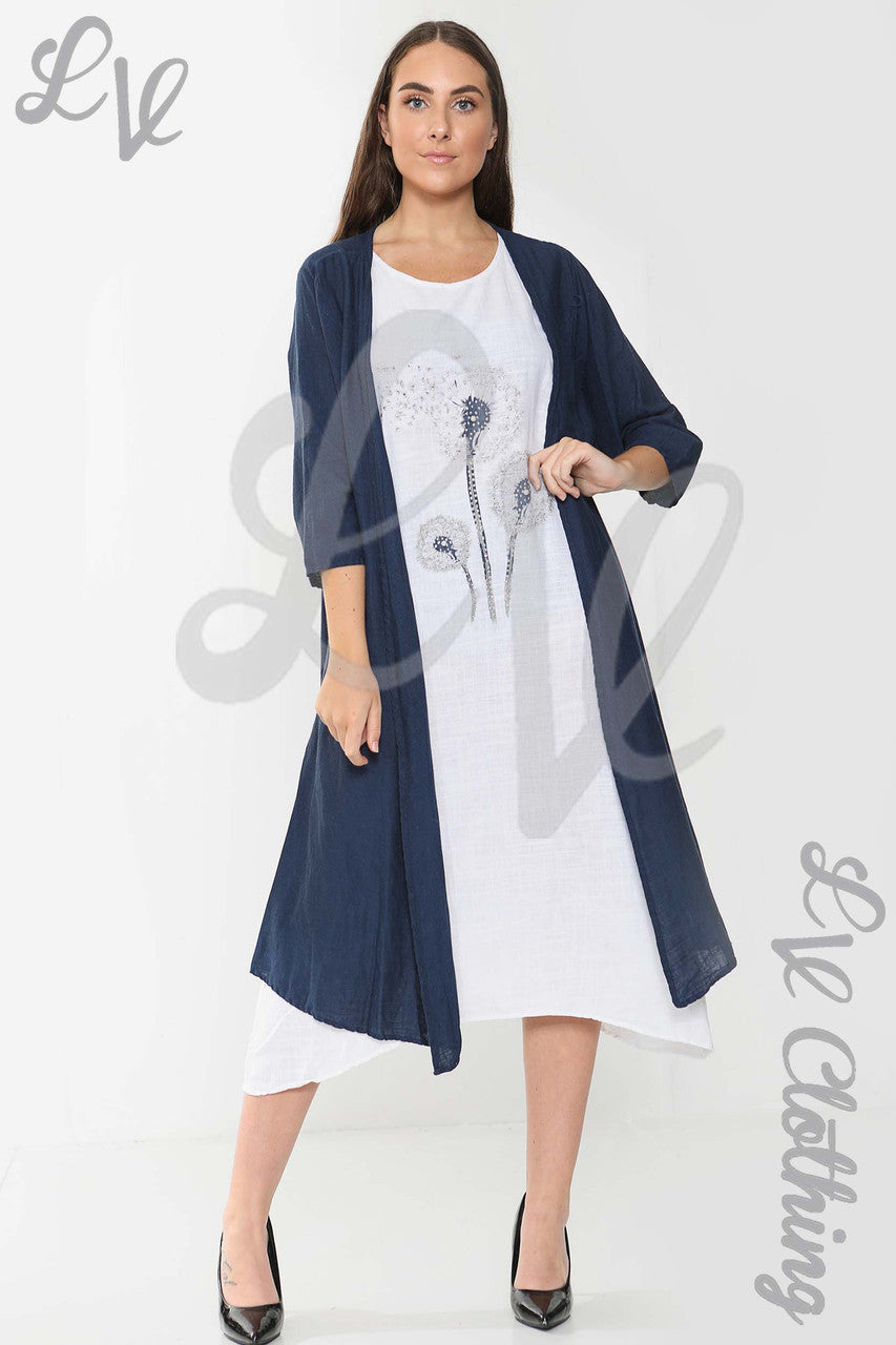 Ladies Floral Graphic Sleeveless Dress & Cardigan 2 Piece Set White - Unit Price £17.99