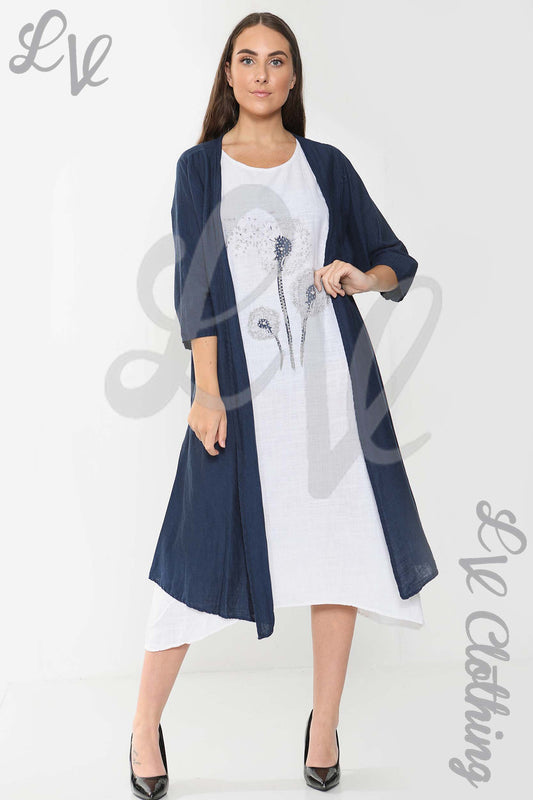 Two-piece floral graphic sleeveless dress set with navy open cardigan, white dress