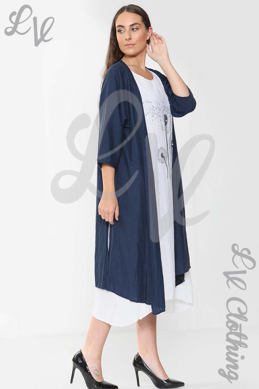 Ladies Floral Graphic Sleeveless Dress & Cardigan 2 Piece Set White - Unit Price £17.99
