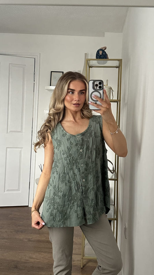 Floral Embroidered Button-Front Sleeveless Top - Khaki