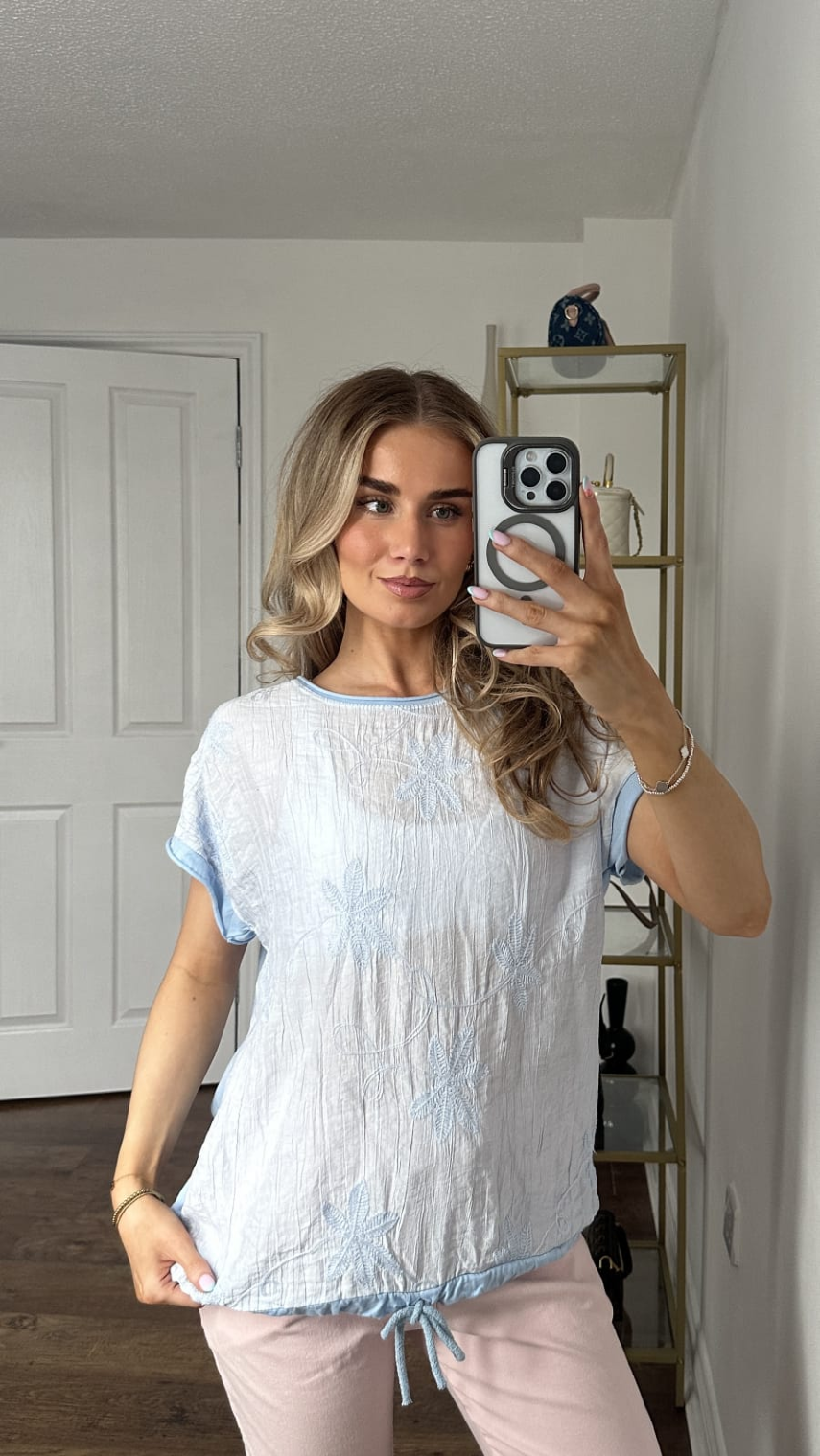 Floral Embroidered Crinkle Gauze Top with Drawstring Hem — Sky Blue