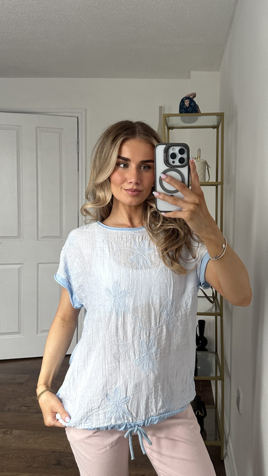 Floral Embroidered Crinkle Gauze Top with Drawstring Hem — Sky Blue