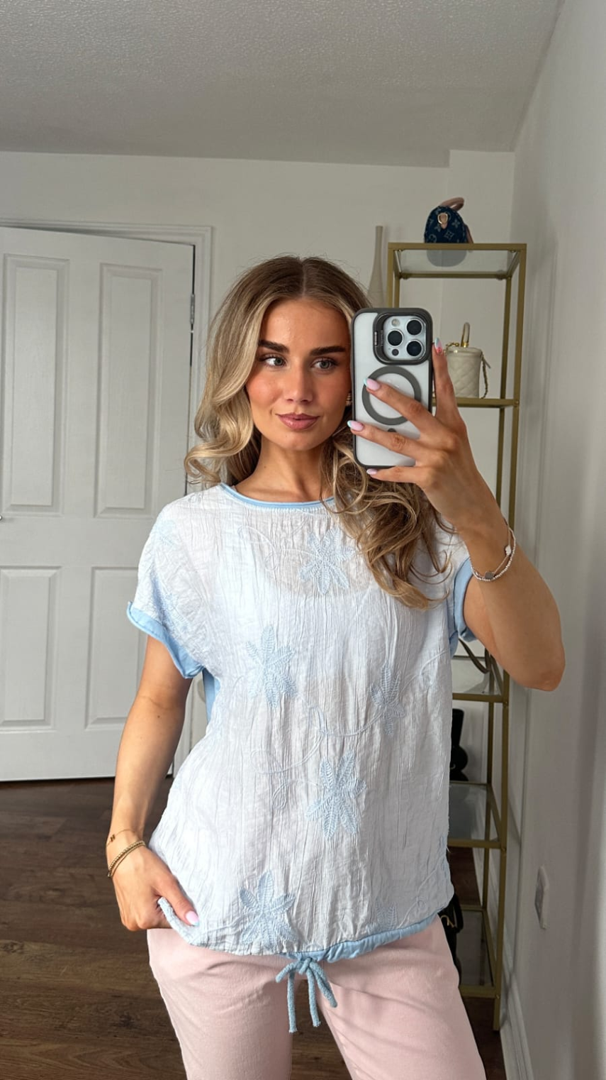 Floral Embroidered Crinkle Gauze Top with Drawstring Hem — Sky Blue
