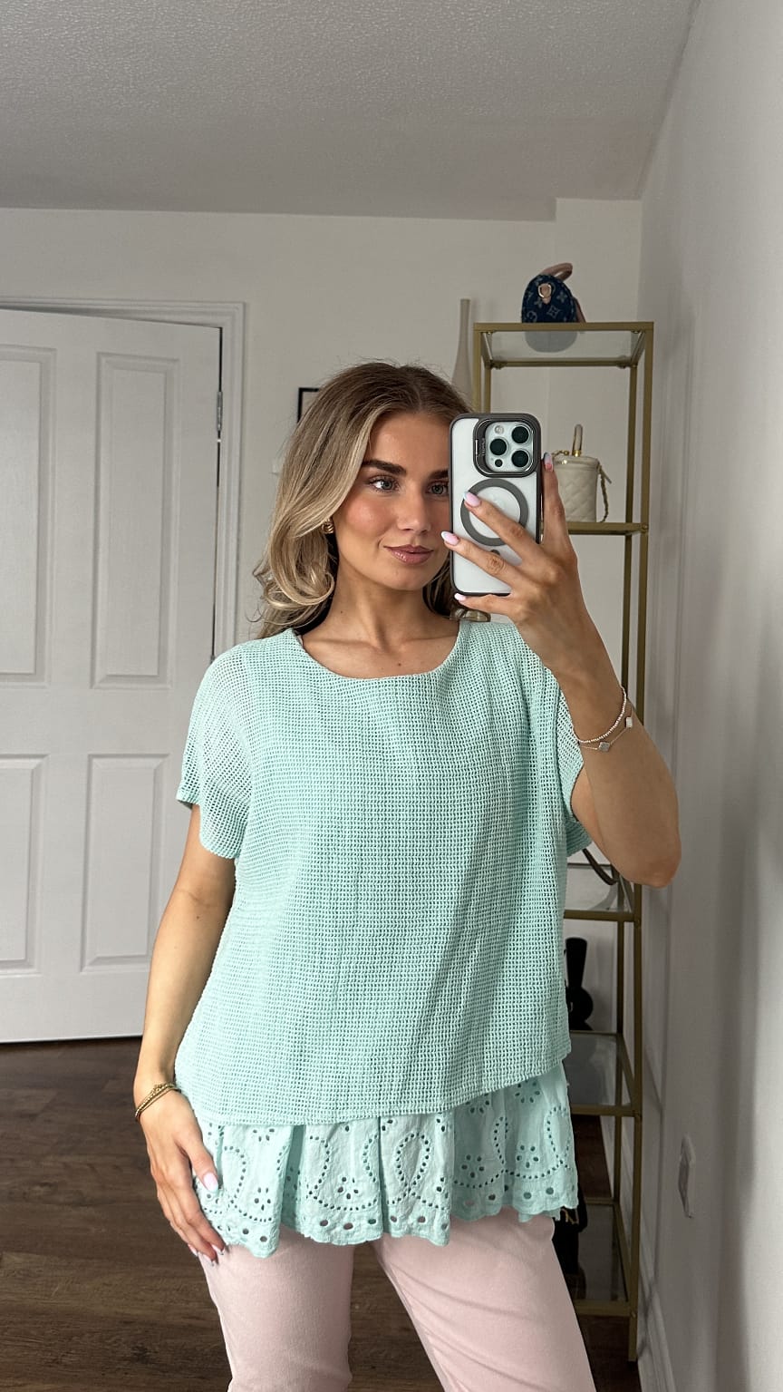 Waffle Knit Top with Broderie Anglaise Frill Hem — Mint