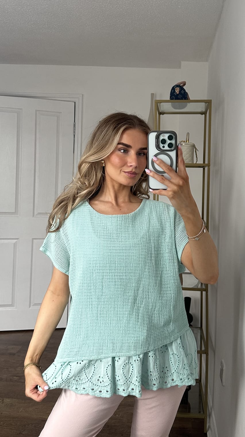 Waffle Knit Top with Broderie Anglaise Frill Hem — Mint