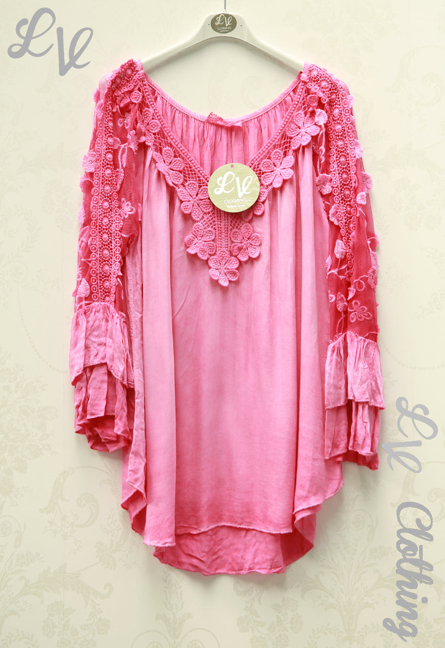 Ladies Crocheted Top with Sheer Floral Sleeves £15.99
