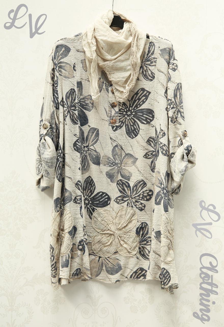 Ladies Floral Cotton Tunic Top with Scarf £10.99