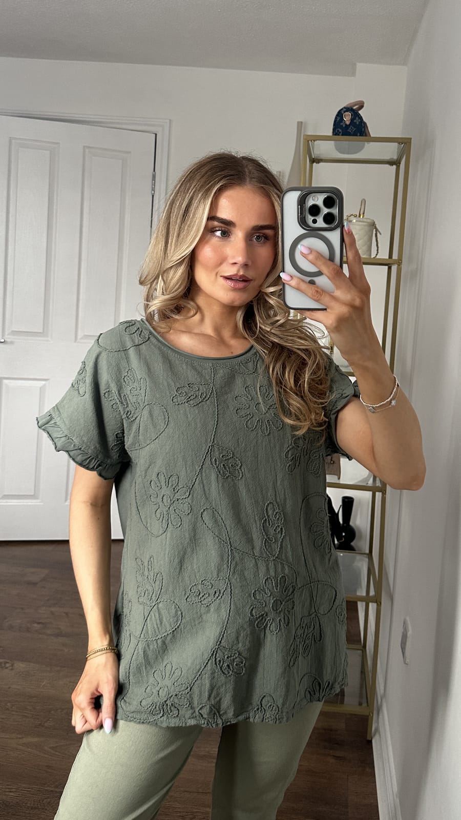 Tonal Floral Embroidered Textured Top — Khaki