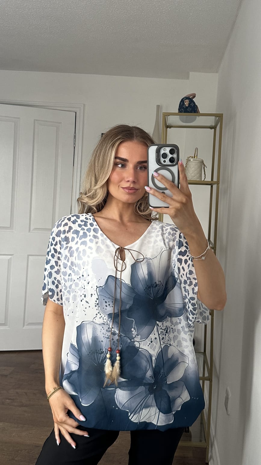 T-shirt met korte mouwen van bloemenkant en botanische print - Marineblauw
