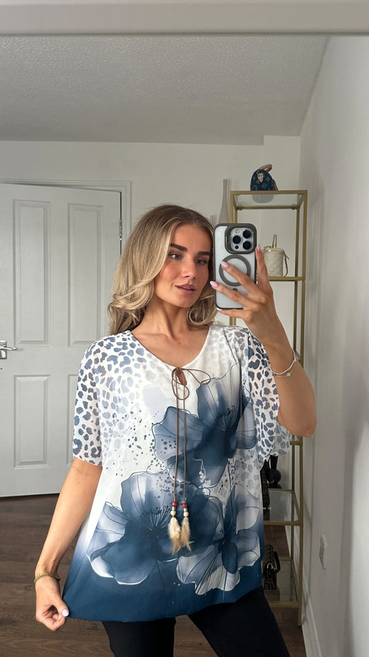 T-shirt met korte mouwen van bloemenkant en botanische print - Marineblauw